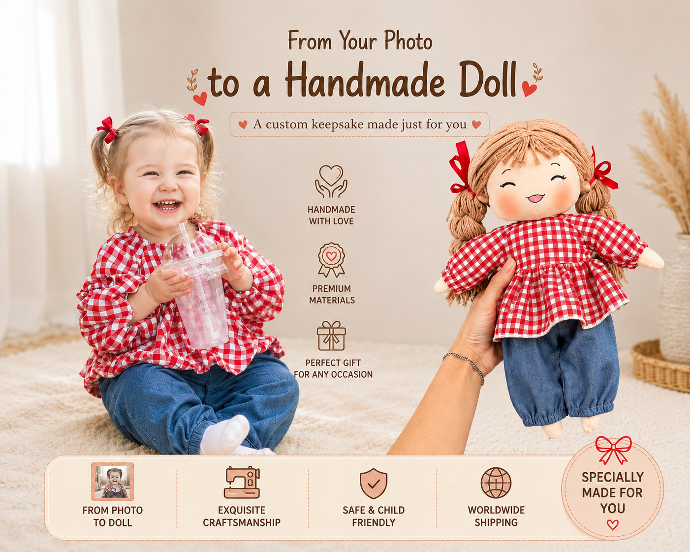 Custom Rag Doll from Photo | Personalized Handmade Cloth Doll | Baby Keepsake Gift